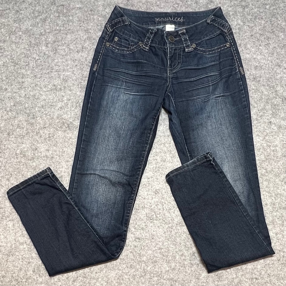Maurices Dark Wash Skinny Jeans Low Rise Contrast Stitch Y2K Style Womens XS-R